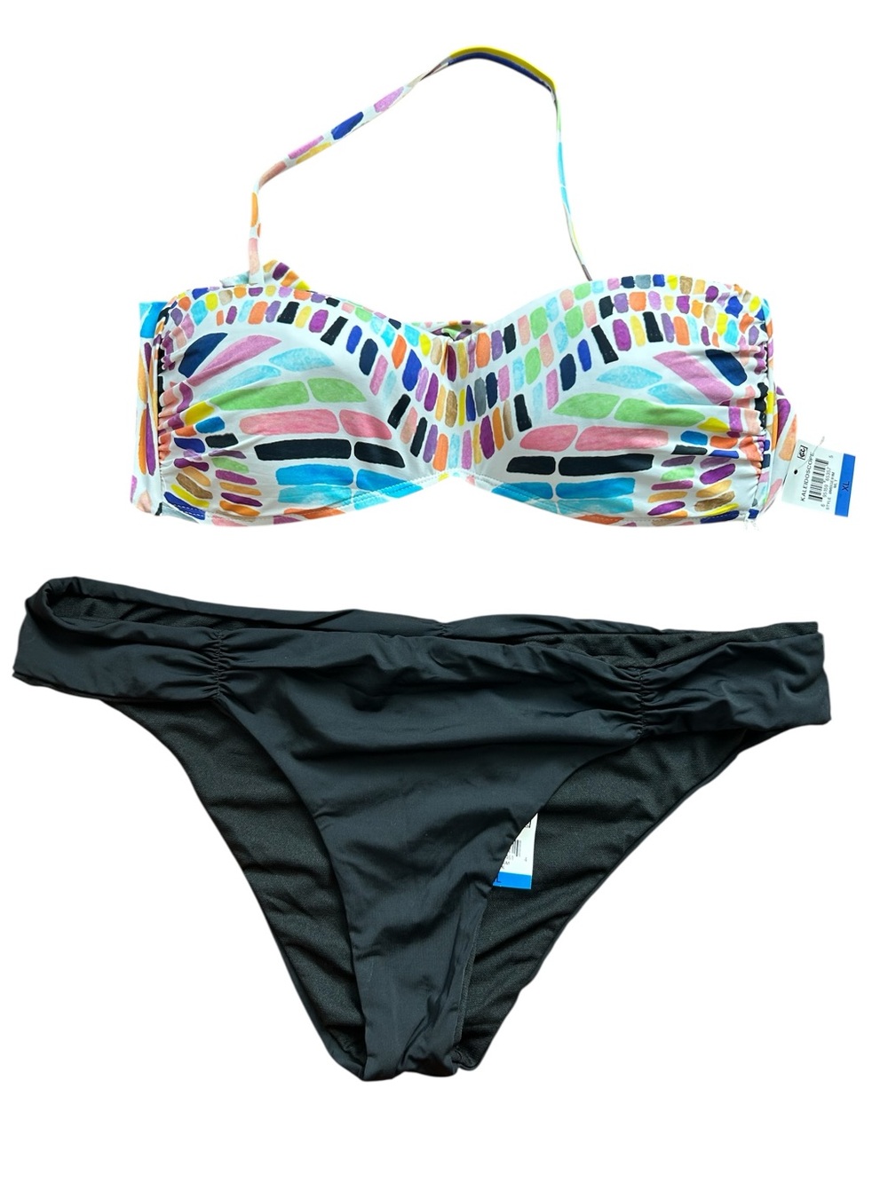 NWT Bar III bandeau bikini top kaleidoscope and Black Hipster bottom XL